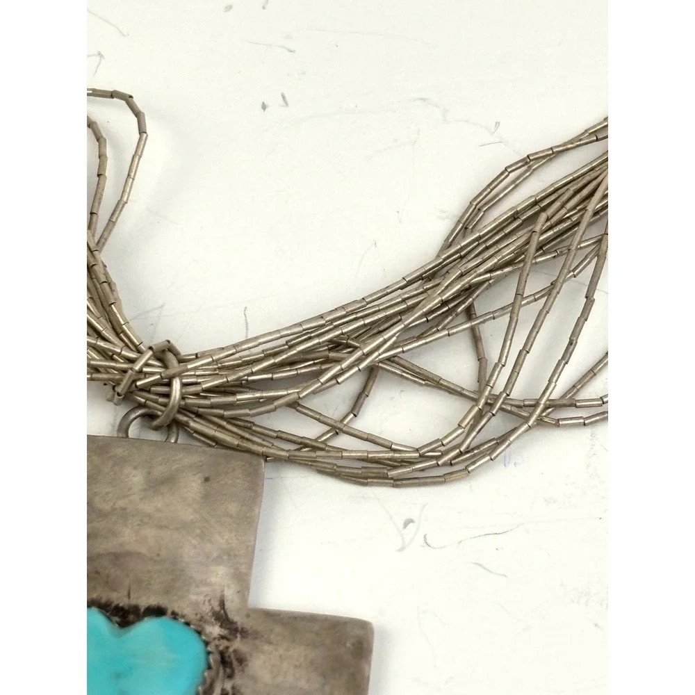 Vintage Sterling Liquid Silver Heishi Bead Necklace Turquoise Heart Cross‎ 32g